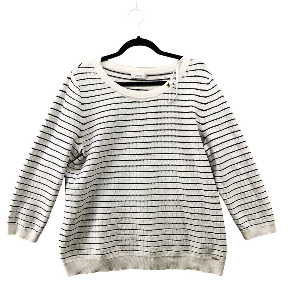Calvin Klein Crewneck Sweater Womens L White Black Stripe Stretch Lightweight